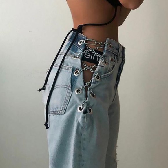 Stacked Asymmetrical Side Slit Chain Jean Pant - Picture 1 of 9